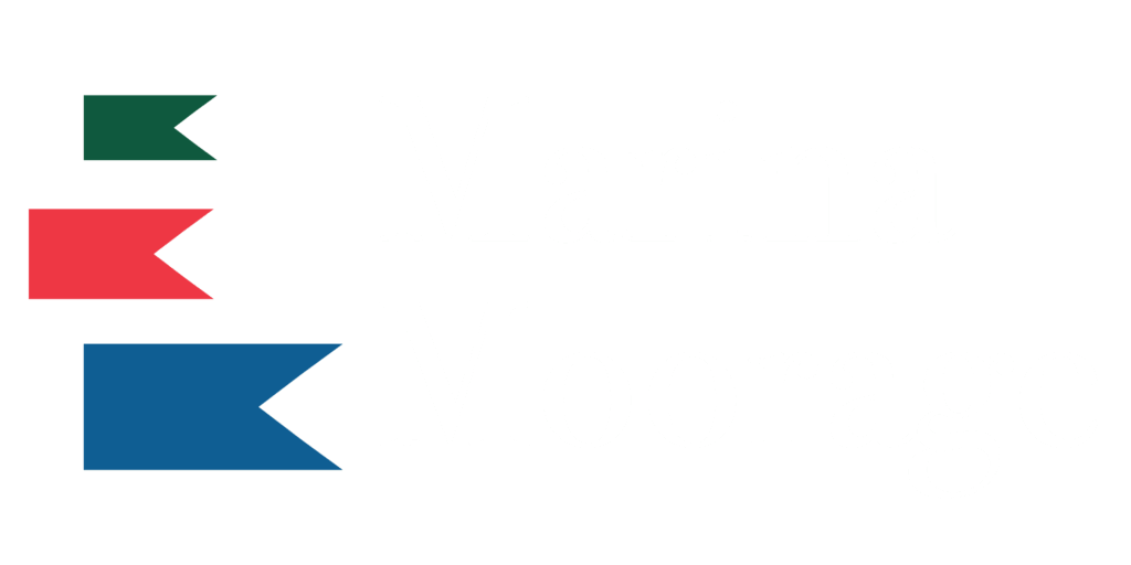 Three colored flags—green, red, and blue—stacked vertically on the left, with Marina Moorage in white serif font on the right, set against a black background as seen in the Sitewide Footer. Fill your empty slips fast with Marina Moorage