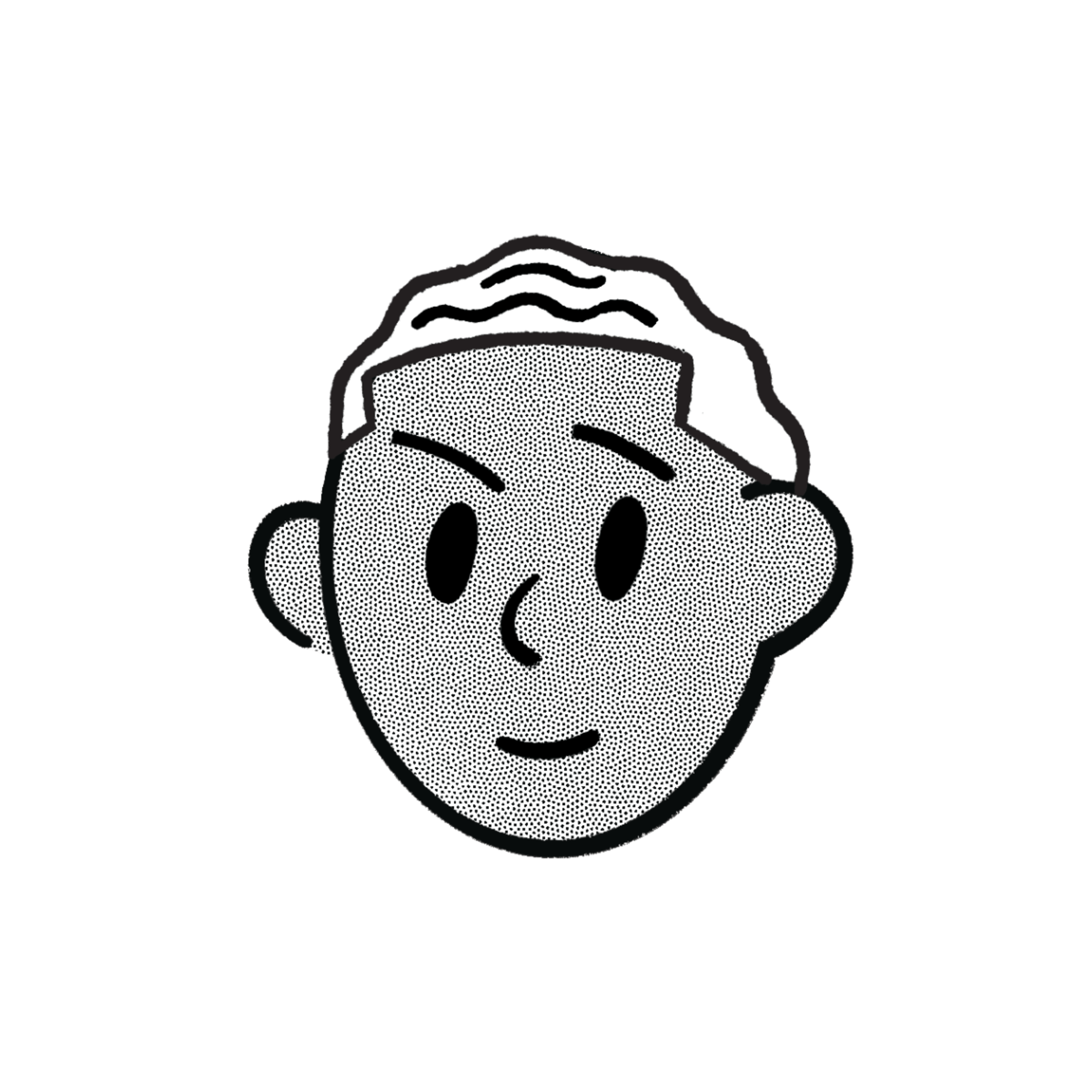 Black and white cartoon illustration of a smiling face with short hair, arched eyebrows, and round ears on a plain background—perfect for posters or flyers to help fill marina slips with friendly charm. Fill your empty slips fast with Marina Moorage
