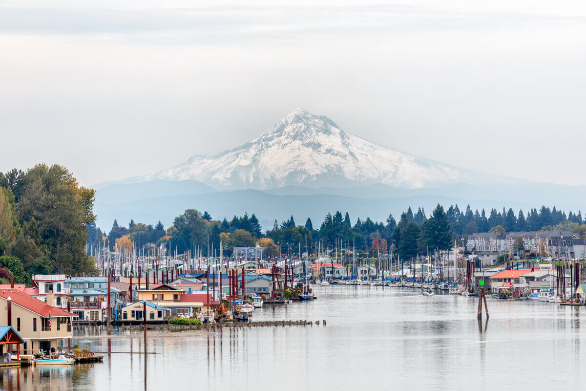 A harbor with boats docked along the shore, a few empty slips visible, houses and trees on either side, and a snow-capped mountain in the background under a cloudy sky.
