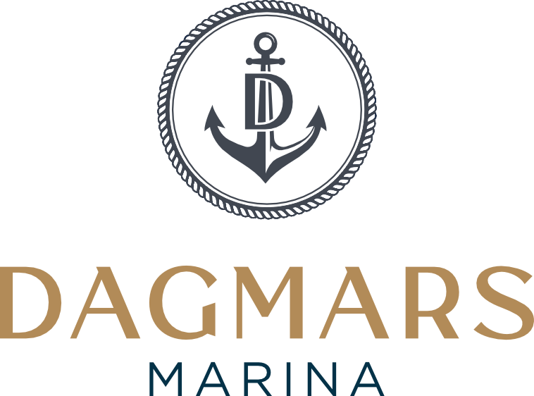 Logo for Dagmars Marina featuring an anchor with the letter D inside a rope circle, with DAGMARS in gold and MARINA in blue text below—perfect for those seeking moorage specials. Fill your empty slips fast with Marina Moorage