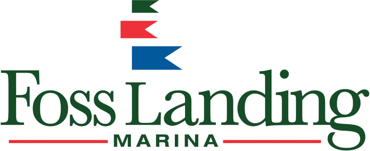 Logo for Foss Landing Marina featuring three colored flag shapes above the name, with Foss Landing in green and Marina in smaller text below, reflecting the vibrant spirit of Foss Landing Marina. Fill your empty slips fast with Marina Moorage